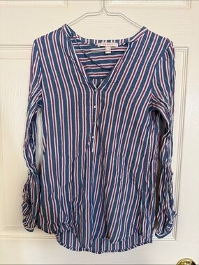 ESPRIT Vertical Stripe Long Sleeve Henley Blouse - Blue, Purple & White